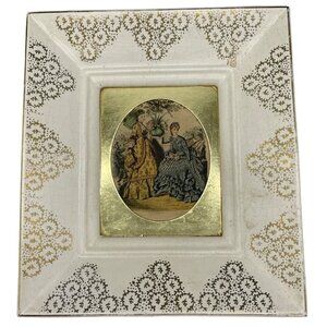 vintage ceramic framed La Mode illustree print shabby chic white gold mated READ